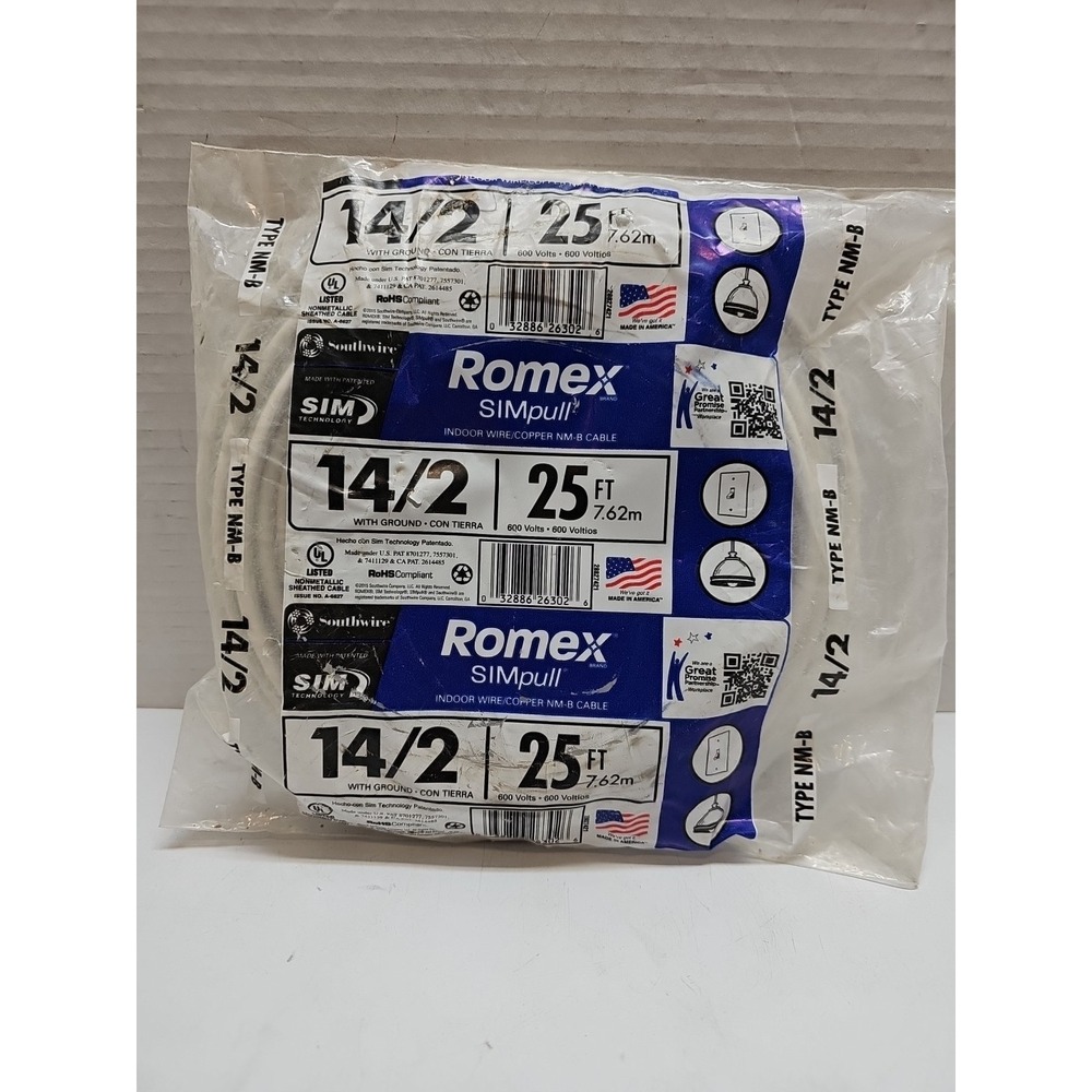 Romex SimPull 25ft 14/2 Indoor Electrical Wire New Sealed Southwire NM-B White